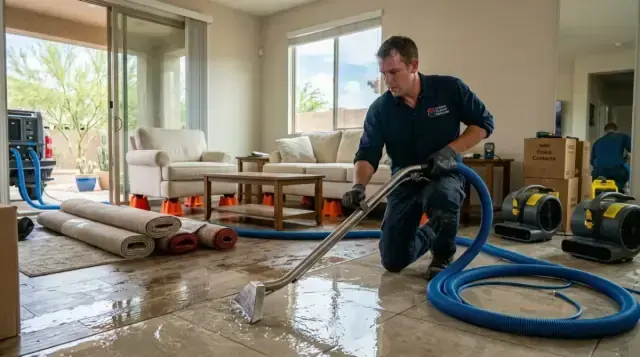 Restoration tech extracting standing water from a living room floor in South Gate