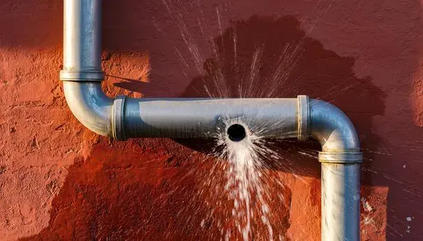 Water spraying from a split galvanized supply pipe in South Gate