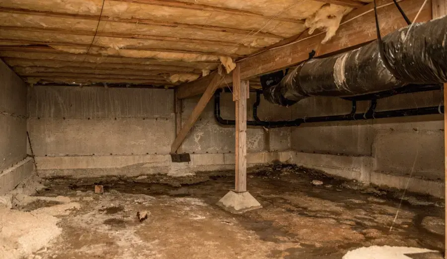 Wet crawl space under a raised-floor home in South Gate