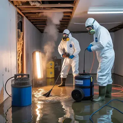 Cleanup crew in protective suits extracting sewage water in South Gate